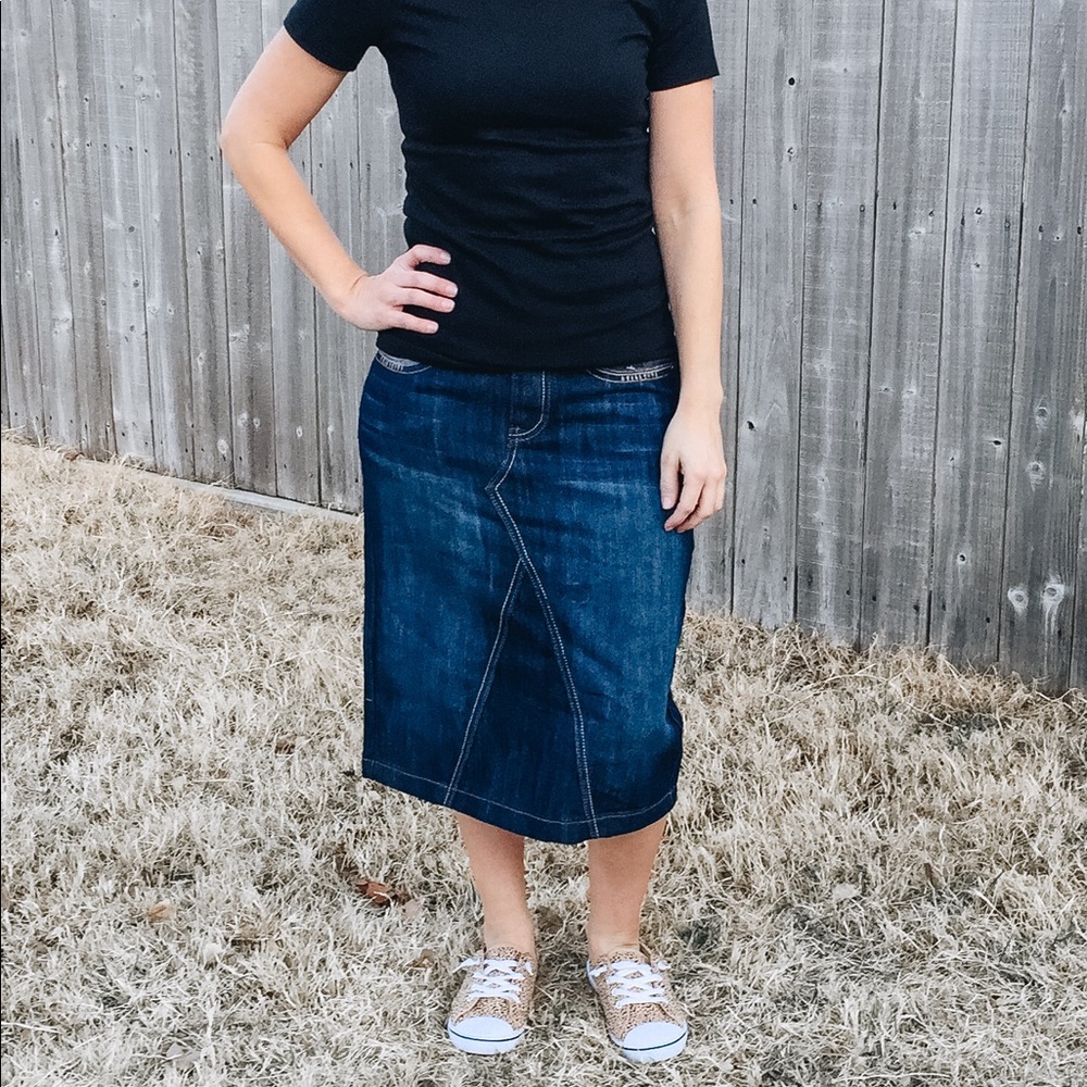 Mid Length Dark Denim Skirt